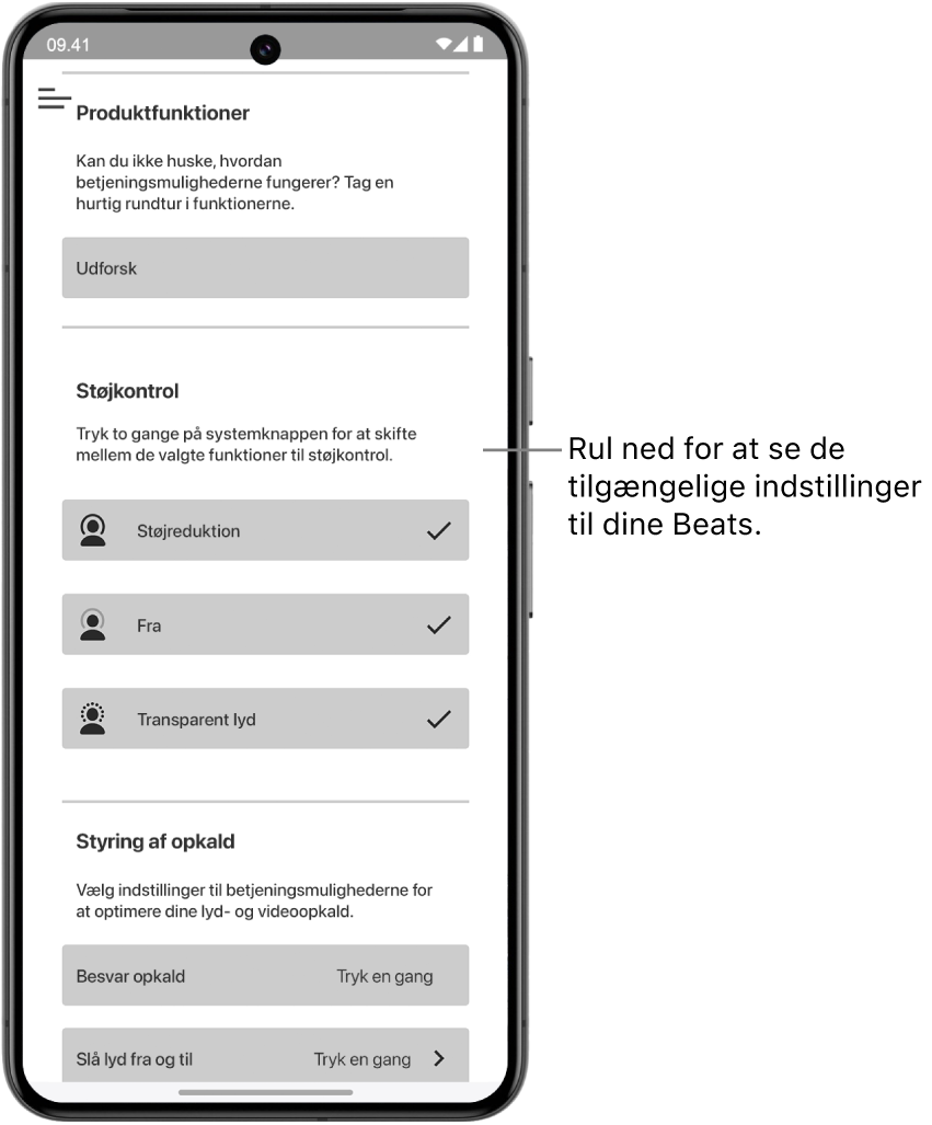 Enhedsskærmen i Beats-appen, der viser tilgængelige indstillinger til de forbundne Beats Studio Pro-hovedtelefoner.