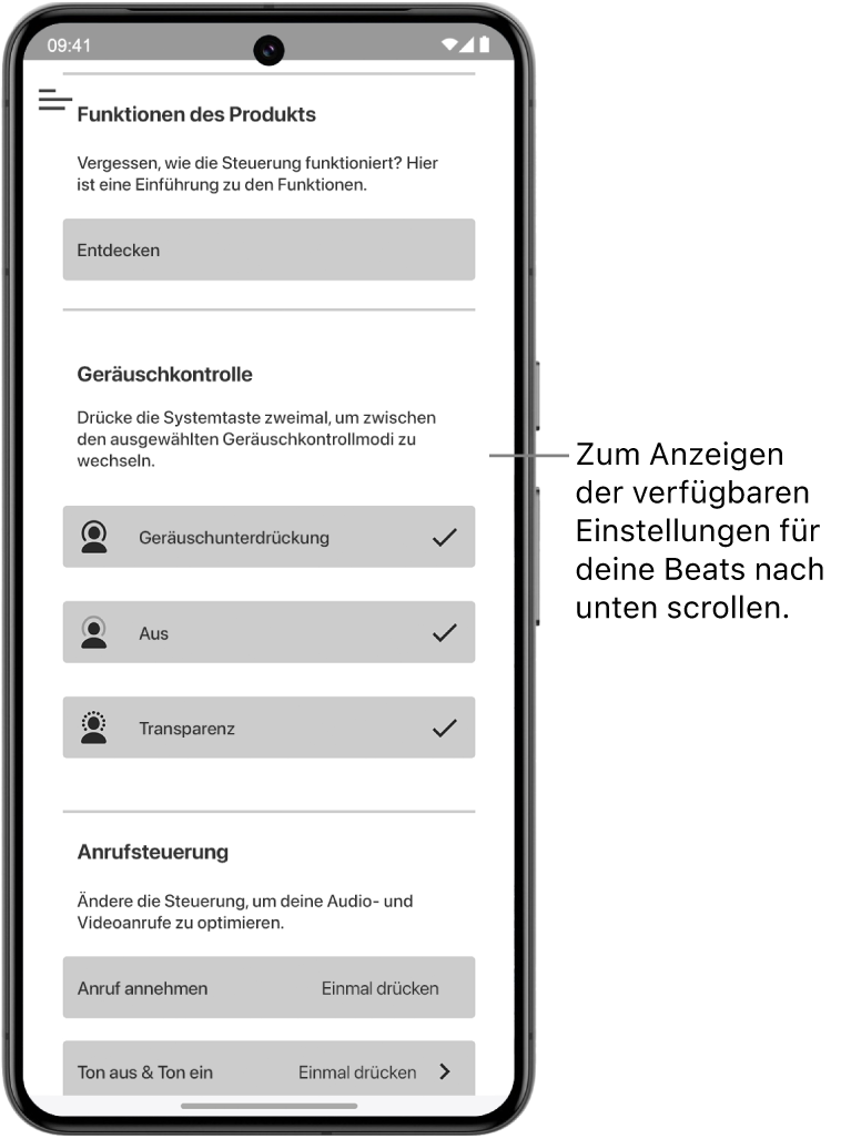 Der Gerätebildschirm der Beats-App zeigt die verfügbaren Einstellungen für die verbundenen Beats Studio Pro-Kopfhörer.