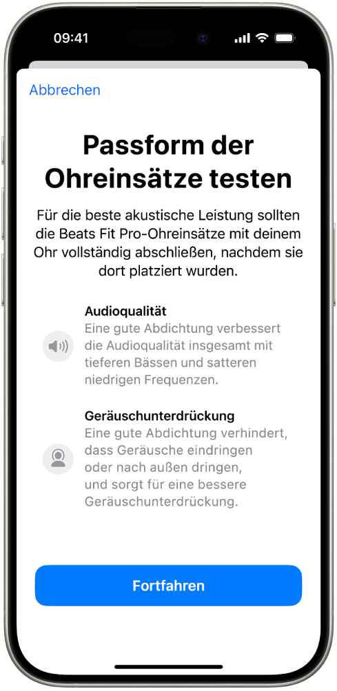 Ein iPhone-Bildschirm zeigt den Passtest für Ohreinsätze für die Beats Fit Pro an.