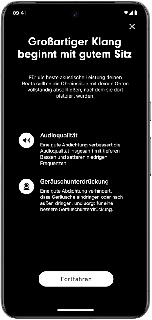 Der Passtest-Bildschirm in der Beats-App auf einem Android-Gerät.