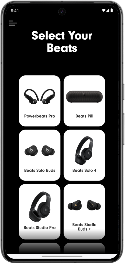 The Beats app Select Your Beats screen showing supported Beats devices.