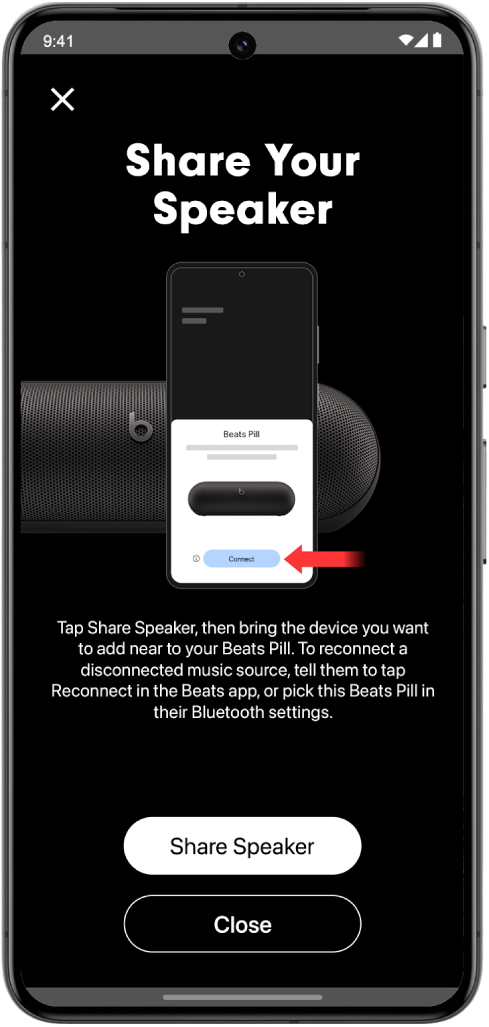 The Beats app Share Your Speaker screen showing the Share Speaker and Close buttons.
