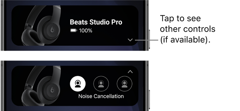The first image shows the Beats app widget displaying connected Beats Studio Pro headphones and a button to display other controls; the second image shows the Noise Cancellation controls in the widget.