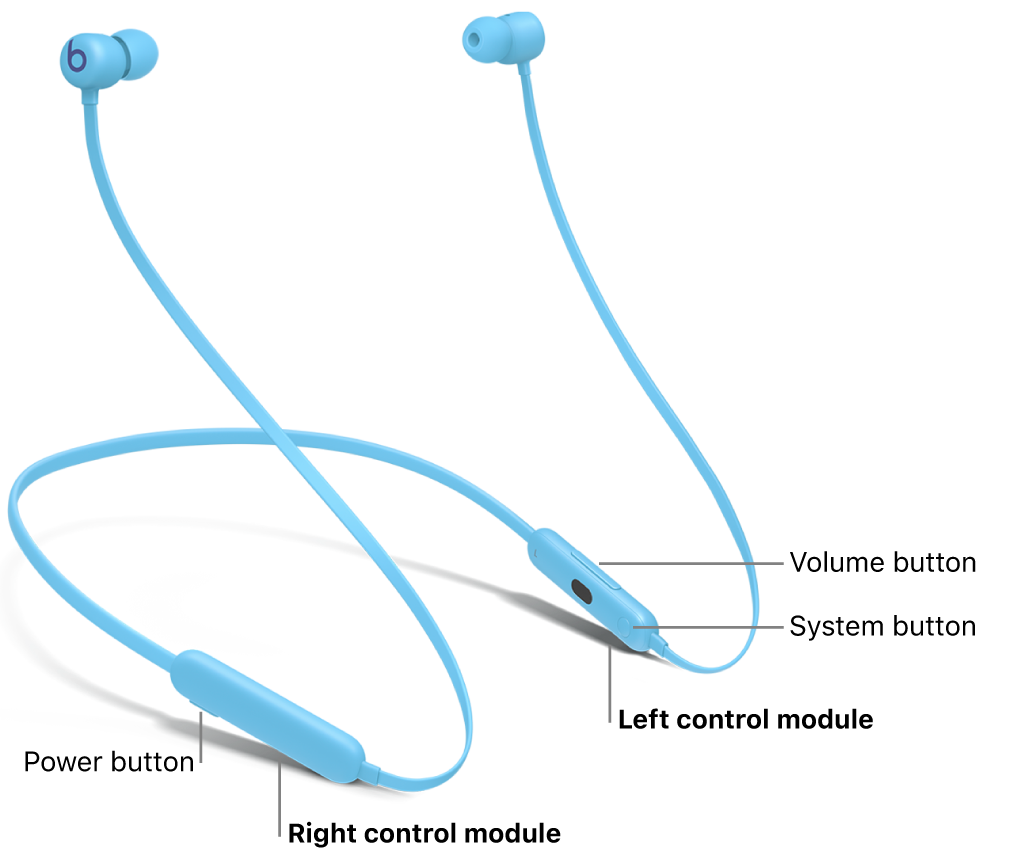 Image of Beats Flex showing the location of the power button on the right control module, and the location of the volume button and system button on the left control module.