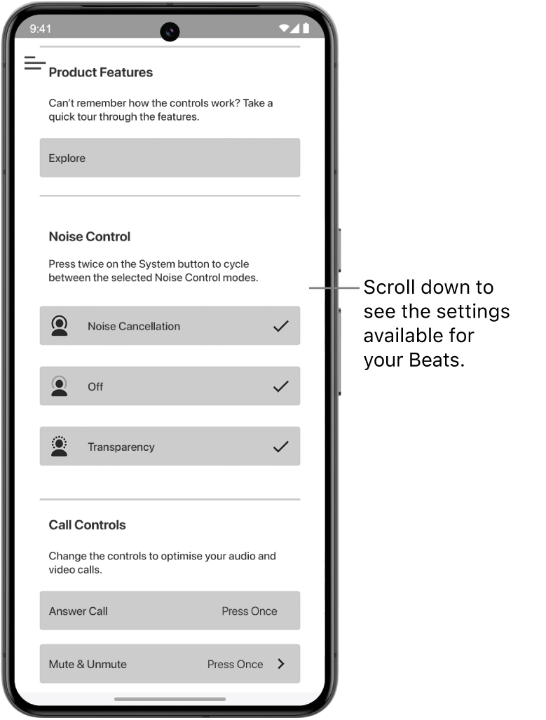The Beats app device screen showing the settings available for the connected Beats Studio Pro headphones.
