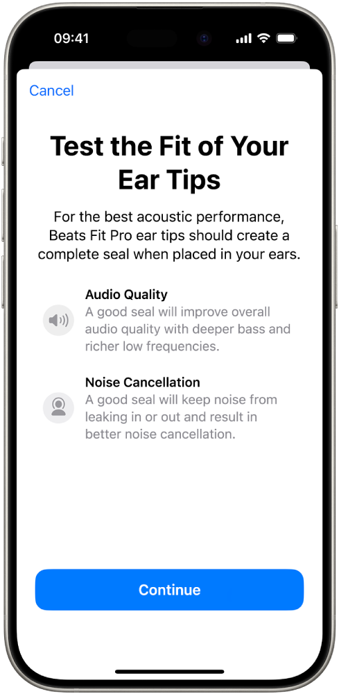An iPhone screen displaying the Ear Tip Fit Test for Beats Fit Pro.