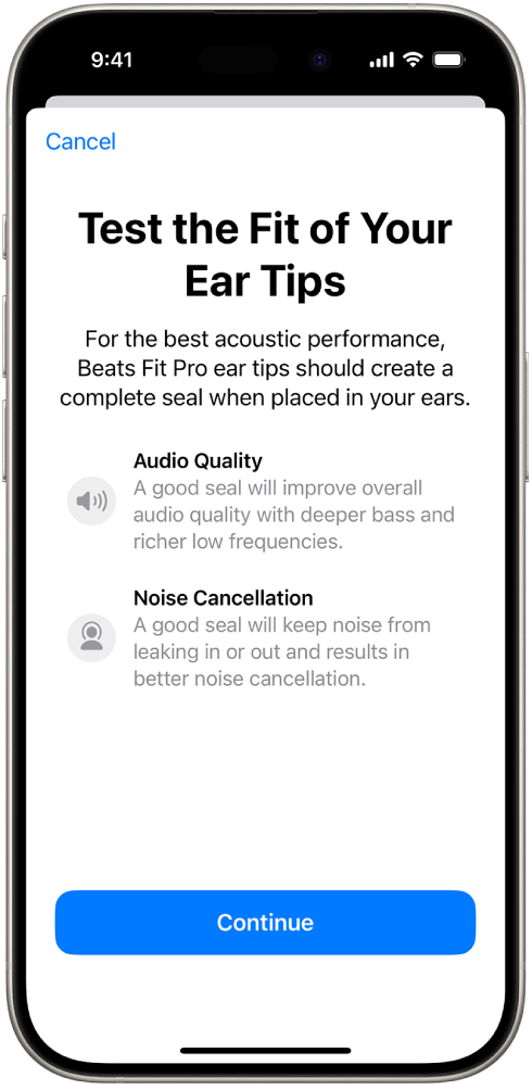 An iPhone screen displaying the Ear Tip Fit Test for Beats Fit Pro.