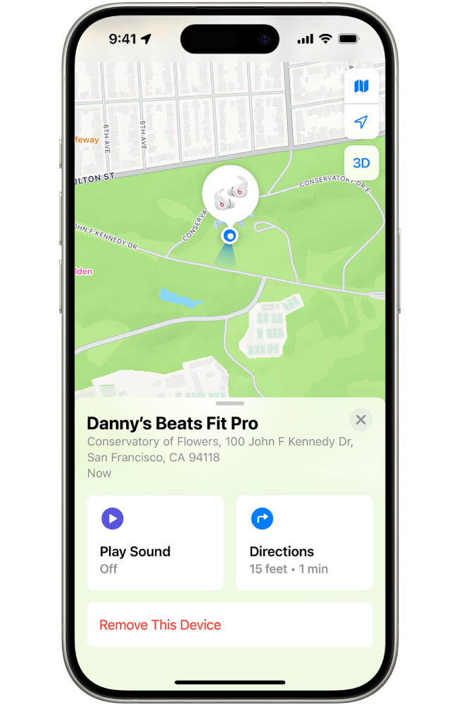 The Find My app screen on iPhone showing the location of Beats Fit Pro on a map of San Francisco.