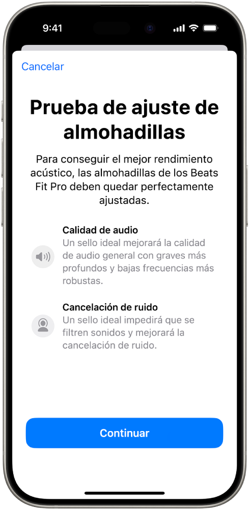 La pantalla de un iPhone mostrando la prueba de ajuste de almohadillas para los Beats Fit Pro.
