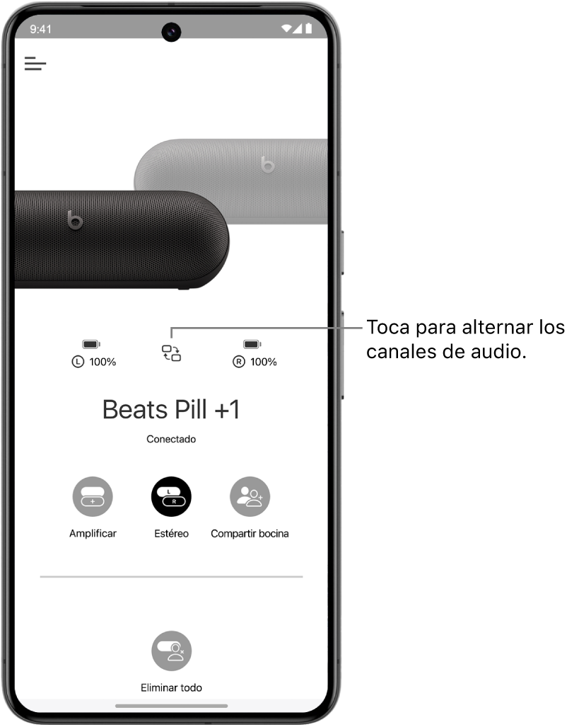 La pantalla del dispositivo de la app Beats mostrando dos bocinas Beats Pill conectadas en modo estéreo, y el botón para alternar los canales de audio.
