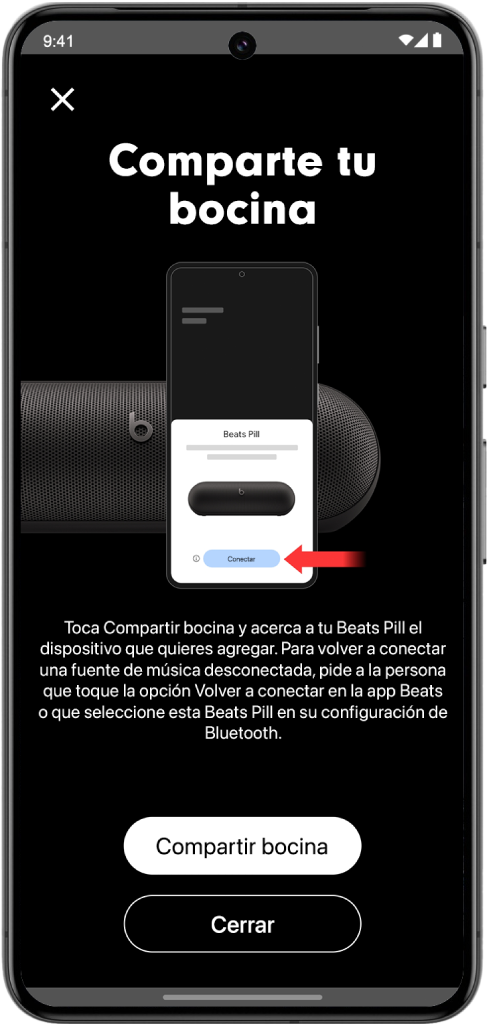 La pantalla Comparte tu bocina de la app Beats mostrando los botones Compartir bocina y Cerrar.