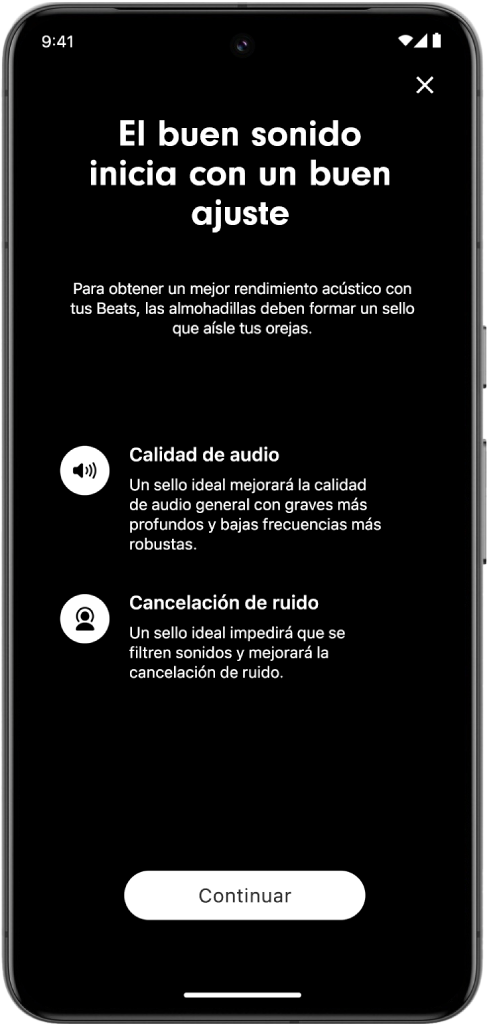 La pantalla de la prueba de ajuste de la app Beats en un dispositivo Android.