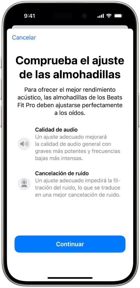 Pantalla de un iPhone con la prueba de detección de ajuste para los Beats Fit Pro.