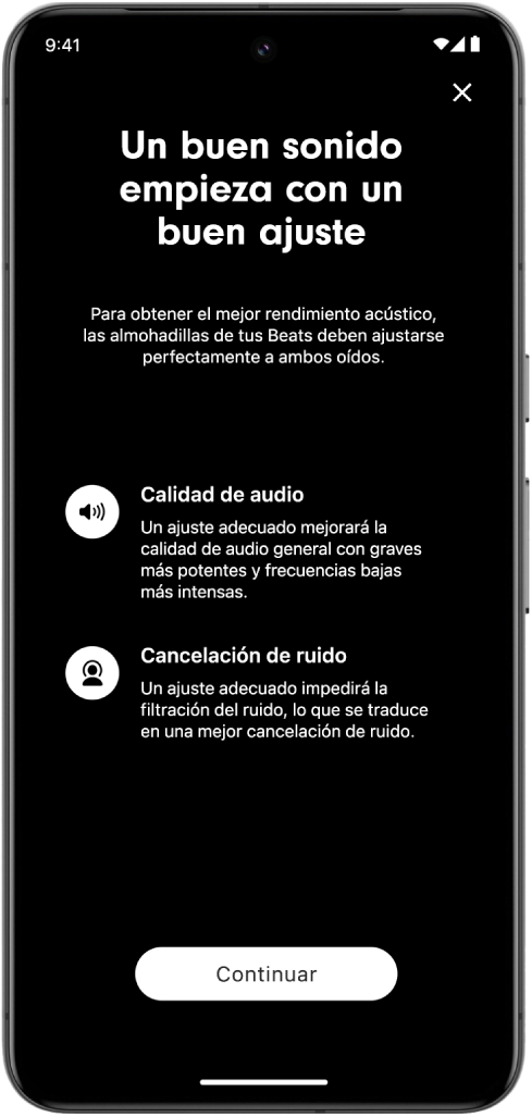 Pantalla de prueba de ajuste de la app Beats en un dispositivo Android.