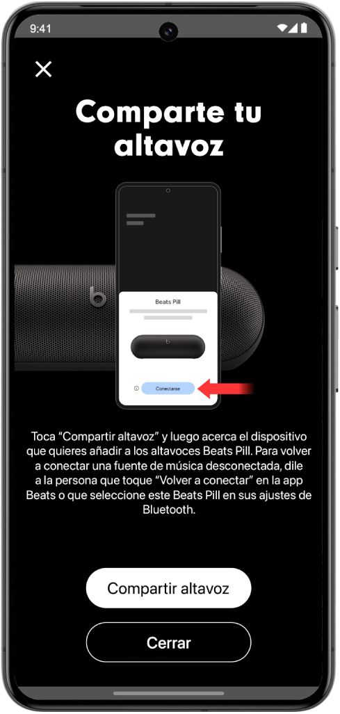 La pantalla “Comparte tu altavoz” de la app Beats con los botones “Compartir altavoz” y Cerrar.