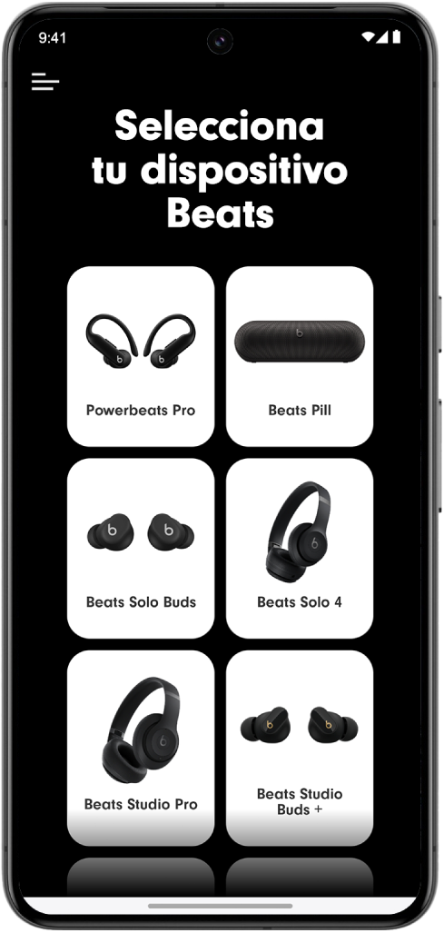 La pantalla “Selecciona tu dispositivo Beats” de la app Beats con los dispositivos Beats compatibles.