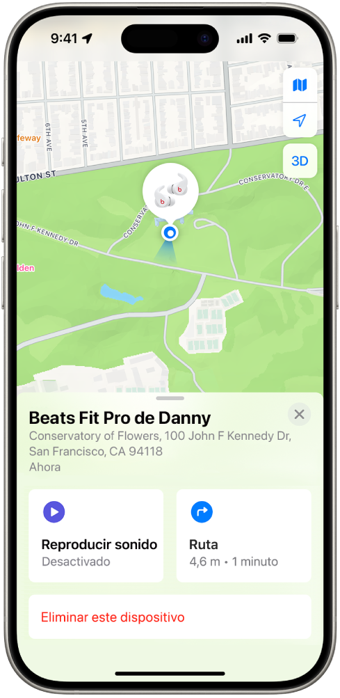 Una pantalla de la app Buscar del iPhone. La ubicación de los Beats Fit Pro se muestra en un mapa de San Francisco, con una dirección y las opciones “Reproducir sonido”, Ruta y “Eliminar este dispositivo”.