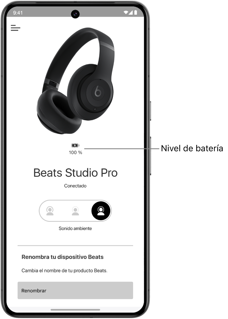 Pantalla de la app Beats con el nivel de la batería de los auriculares Beats Solo 4 conectados.