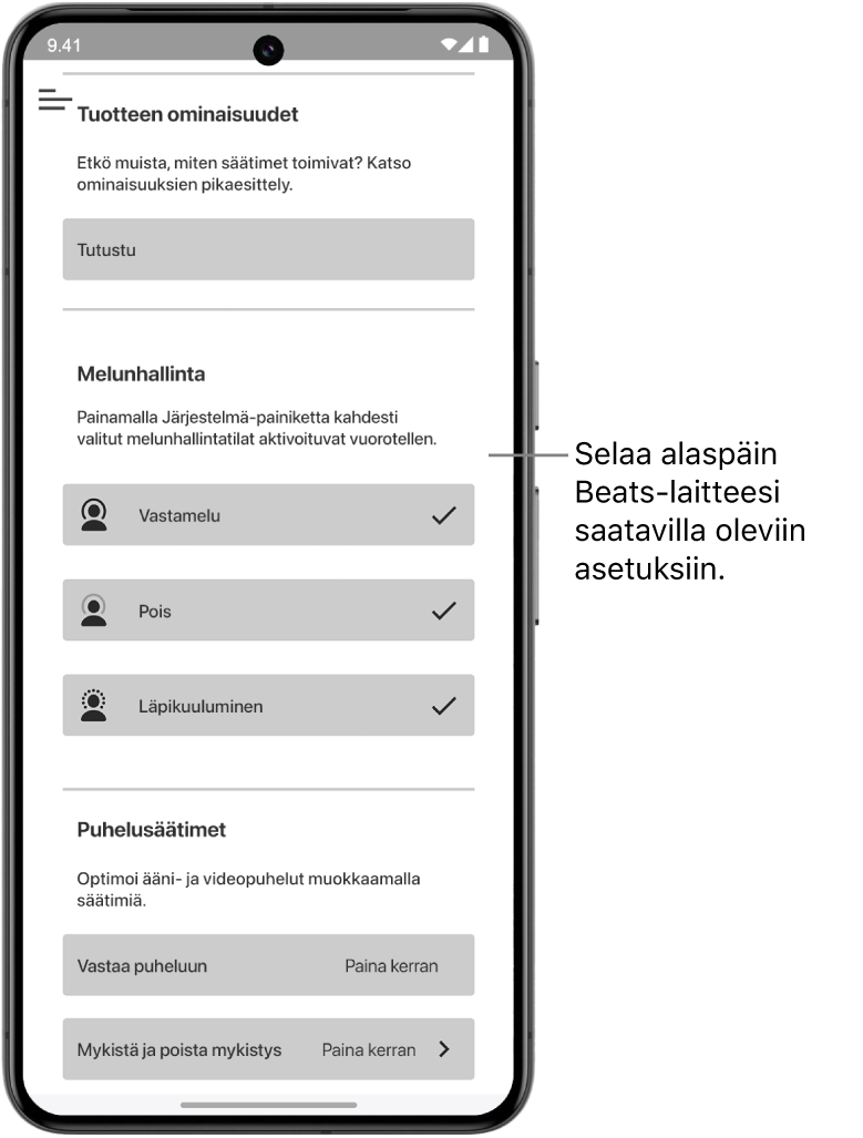 Beats-apin laitenäkymä, jossa näkyvät yhdistettyjen Beats Studio Pro -kuulokkeiden asetukset.