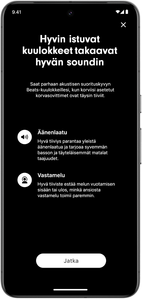 Beats-apin istuvuuden testausnäyttö Android-laitteessa.