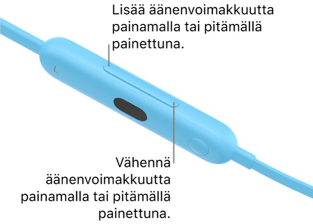 Kuva Beats Flex -kuulokkeiden vasemmasta säätömoduulista, jossa näkyy äänenvoimakkuuspainike.