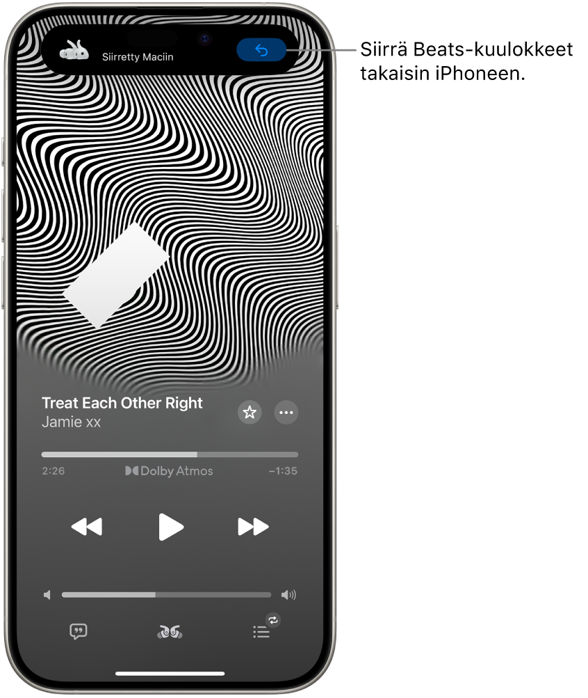 iPhonen Apple Music -näkymä ja yläreunassa viesti, jossa on teksti Siirretty: Mac ja painike Beats-laitteen siirtämiseen takaisin iPhoneen.