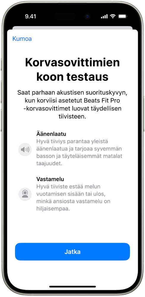 iPhonen näyttö, jossa näkyy Beats Fit Pro ‑kuulokkeiden korvasovitinten testaus.