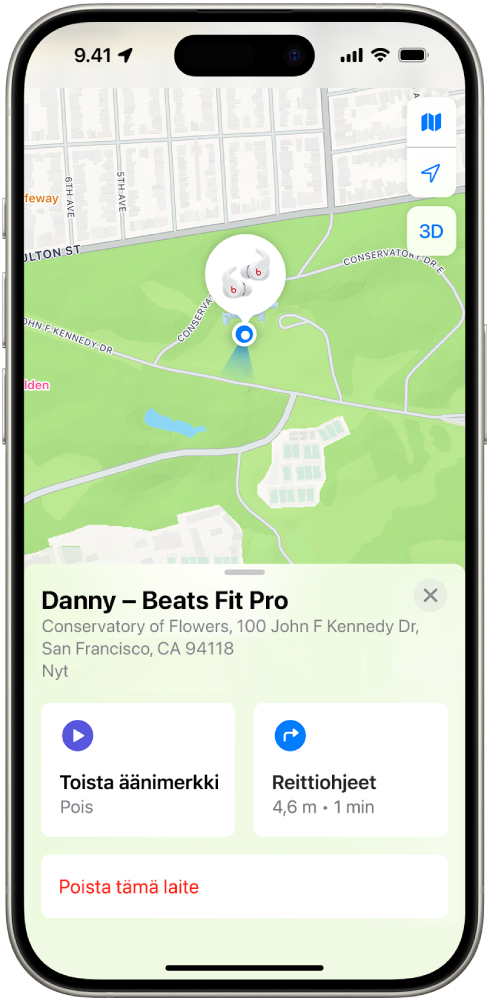 Näkymä iPhonen Etsi-apista. Beats Fit Pro ‑kuulokkeiden sijainti näkyy San Franciscon kartalla yhdessä osoitteen ja vaihtoehtojen Toista äänimerkki, Reittiohjeet ja Poista tämä laite kanssa.