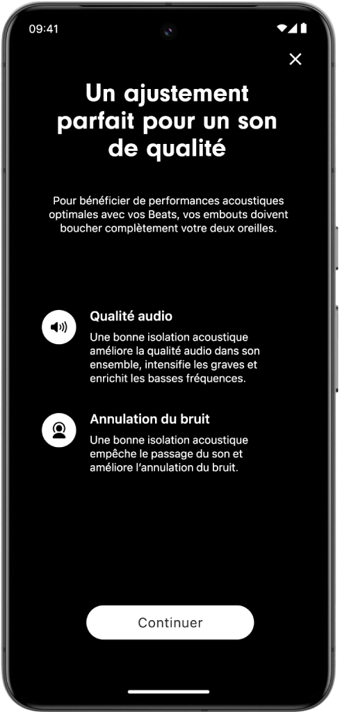 L’écran du test d’ajustement de l’app Beats sur un appareil Android.