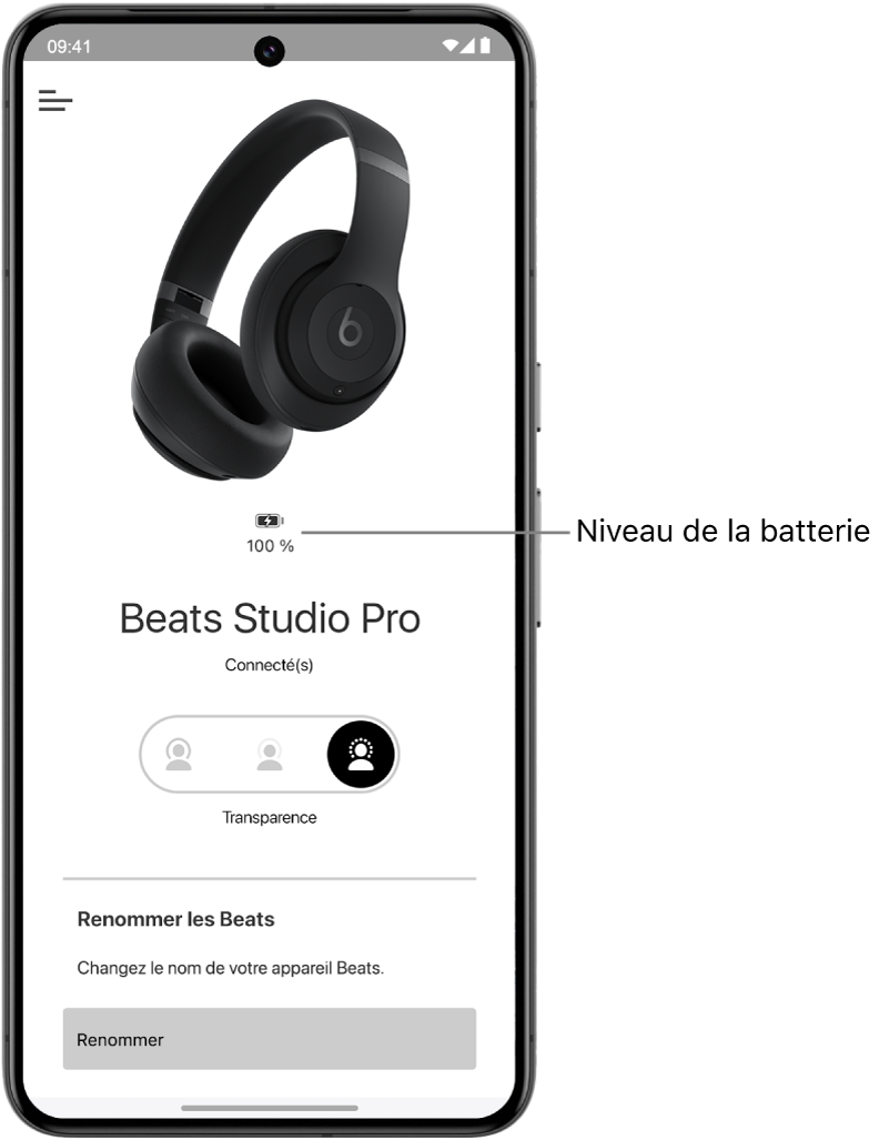 L’écran de l’app de l’appareil Beats qui affiche le niveau de la batterie du casque d’écoute Beats Solo 4 connecté.