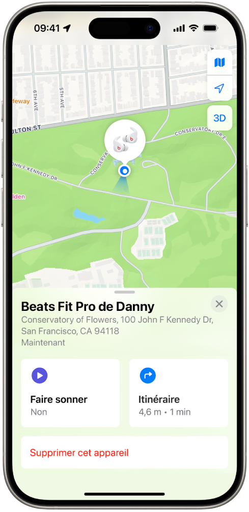Un écran de l’app Localiser sur l’iPhone. L’emplacement du Beats Fit Pro est indiqué sur un plan de San Francisco, avec une adresse répertoriée et les options Faire sonner, Itinéraire, Supprimer cet appareil.
