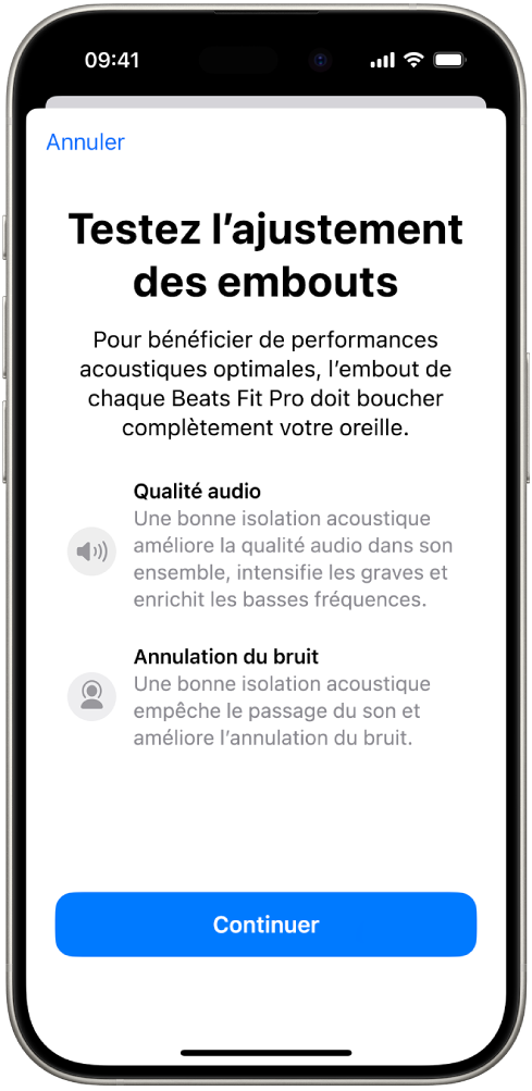 L’écran d’un iPhone qui montre le test d’ajustement des embouts pour les Beats Fit Pro.