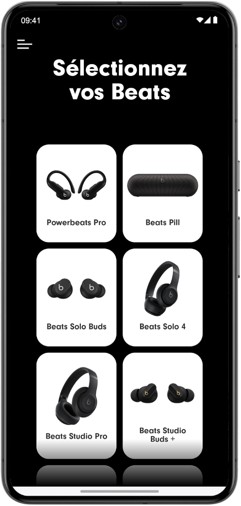 L’écran « Sélectionnez votre produit Beats » de l’app Beats affiche les appareils Beats compatibles.