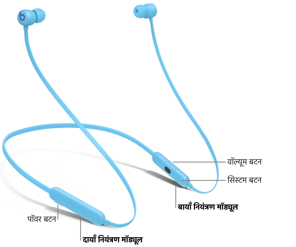 Beats Flex की इमेज दाएँ कंट्रोल मॉड्यूल पर पावर बटन का स्थान और बाएँ कंट्रोल मॉड्यूल पर वॉल्यूम बटन और सिस्टम बटन का स्थान दिखाती है।