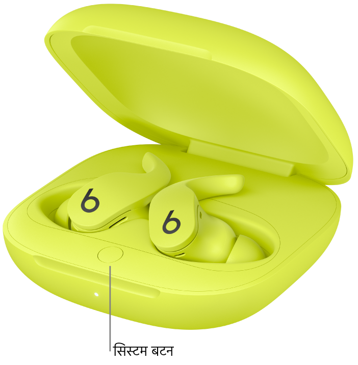 Beats Fit Pro पर सिस्टम बटन, चार्जिंग केस के अंदर स्थित है।