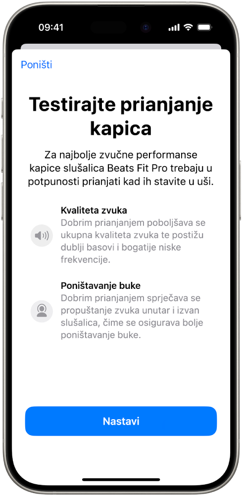 Zaslon iPhonea s prikazom testa prianjanja kapice za Beats Fit Pro.