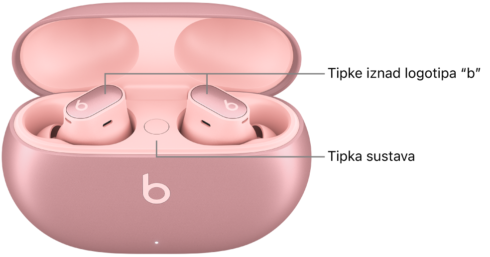 Slika slušalica Beats Studio Buds + s prikazom lokacije tipki iznad logotipa “b” na slušalicama i lokacije tipke sustava unutar kutijice za punjenje.