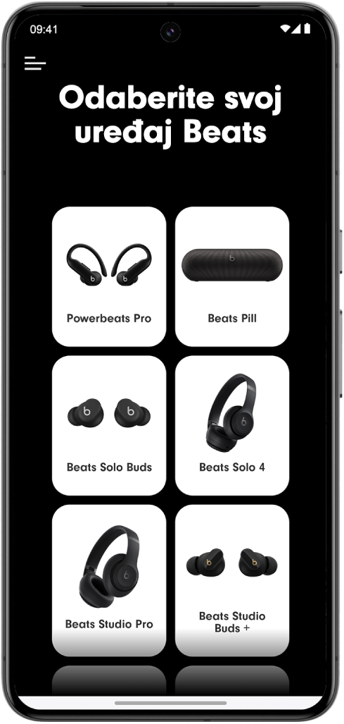 Zaslon Odaberite svoj uređaj Beats aplikacije Beats prikazuje podržane uređaje Beats.