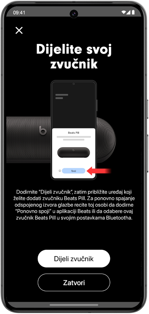 Zaslon Dijelite svoj zvučnik aplikacije Beats prikazuje tipke Dijeli zvučnik i Zatvori.