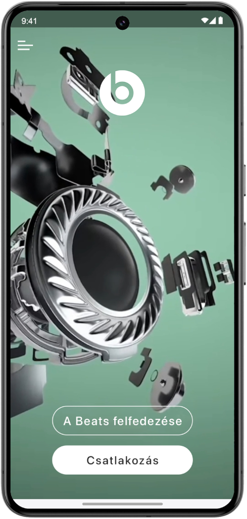 A Beats app Üdvözlőképernyője a Beats felfedezése és a Csatlakozás gombokkal.