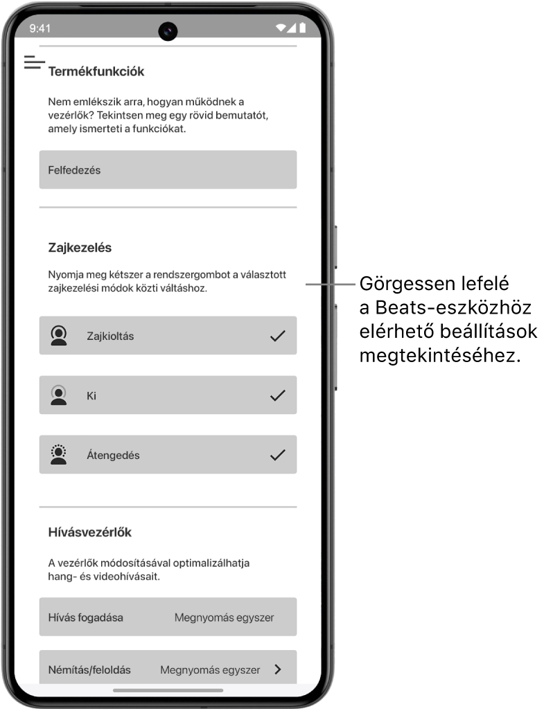 A Beats app eszközképernyője a csatlakoztatott Beats Studio Pro fejhallgatóhoz elérhető beállításokkal.