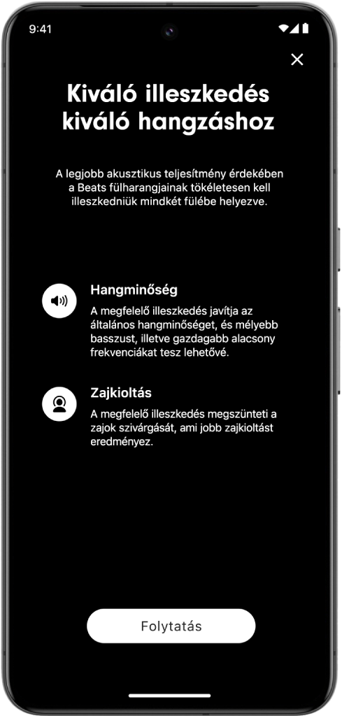 A Beats app illeszkedéstesztelési képernyője Android-eszközön.