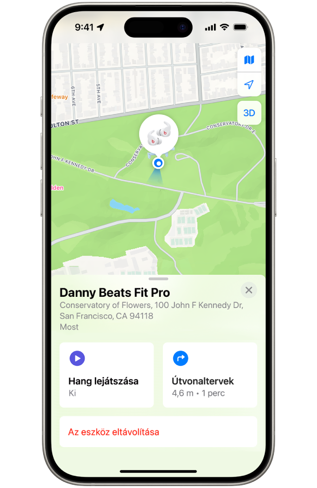 A Lokátor app képernyője az iPhone‑on a Beats Fit Pro helyével San Francisco térképén.