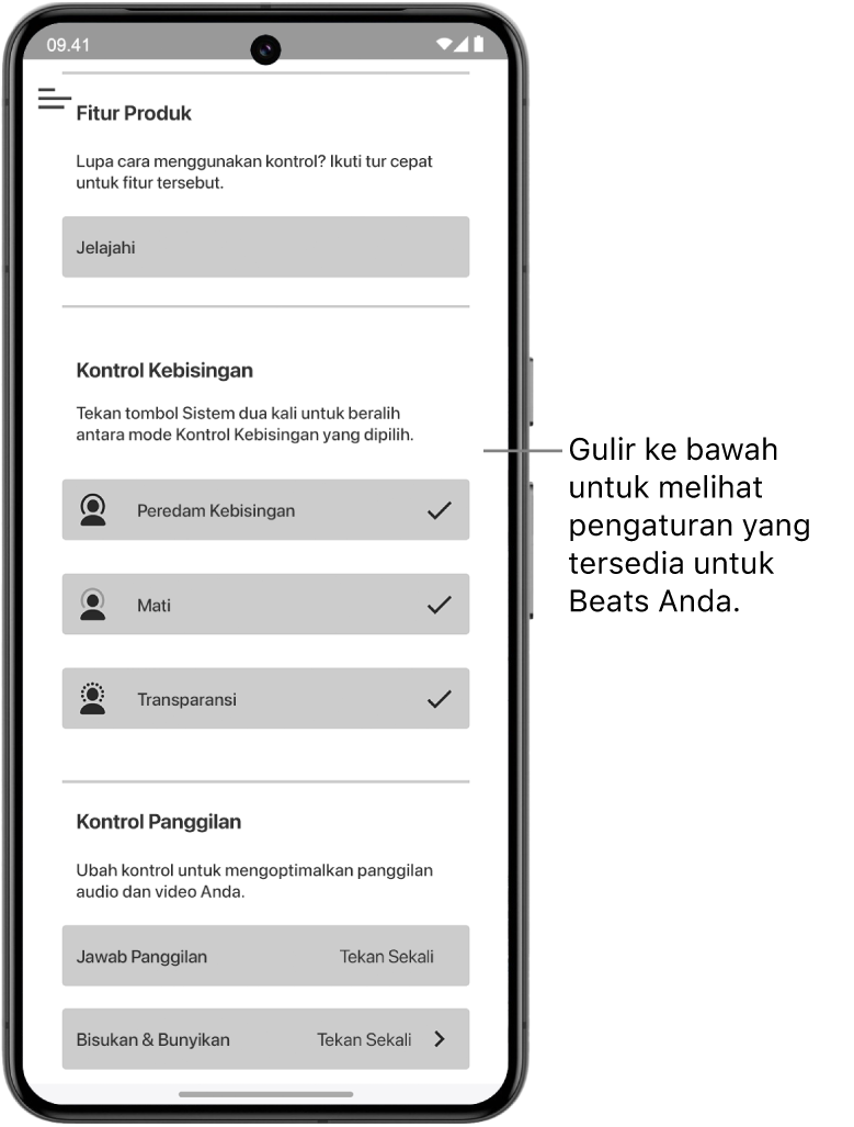 Layar perangkat app Beats yang menampilkan pengaturan yang tersedia untuk headphone Beats Studio Pro yang terhubung.