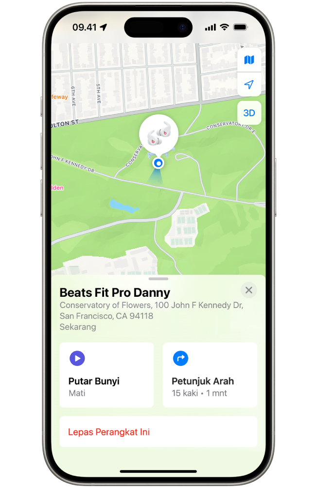 Layar app Lacak di iPhone yang menampilkan lokasi Beats Fit Pro di peta San Francisco.