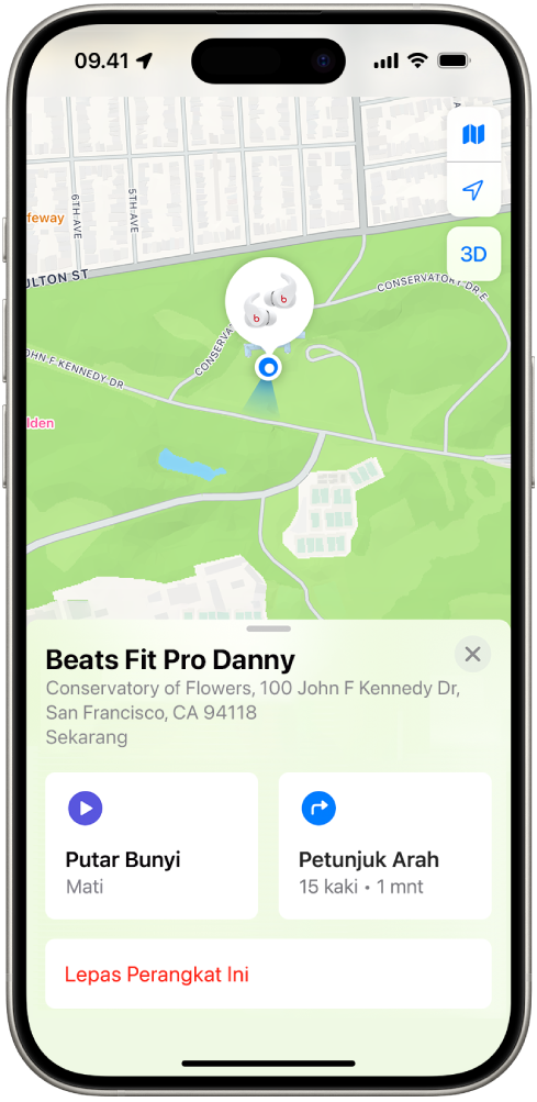 Layar dari app Lacak di iPhone. Lokasi Beats Fit Pro ditampilkan di peta San Francisco, beserta alamat yang tercantum dan pilihan Putar Bunyi, Petunjuk Arah, dan Hapus Perangkat Ini.