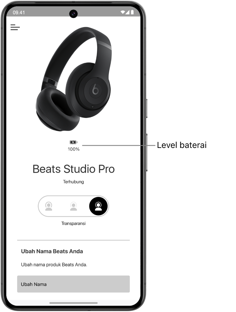 Layar perangkat app Beats yang menampilkan level baterai headphone Beats Solo 4 yang terhubung.