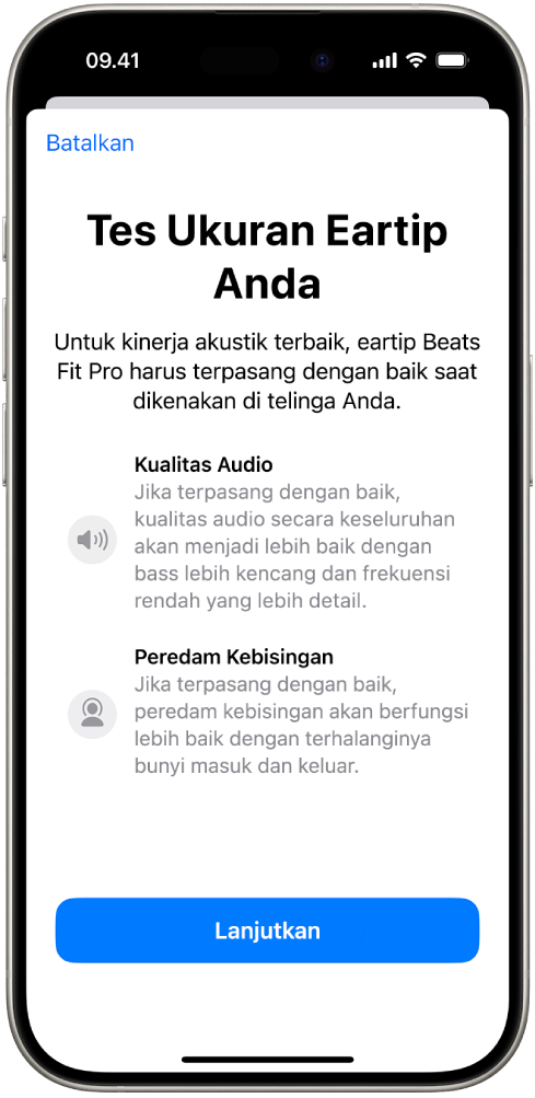 Layar iPhone yang menampilkan Tes Ukuran Eartip untuk Beats Fit Pro.