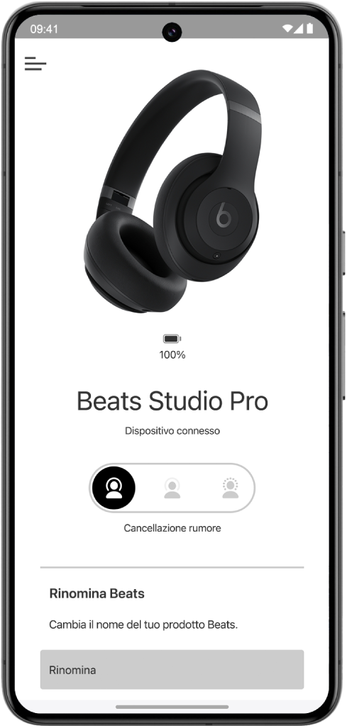 La schermata del dispositivo dell’app Beat che mostra delle cuffie Beats Studio Pro connesse.