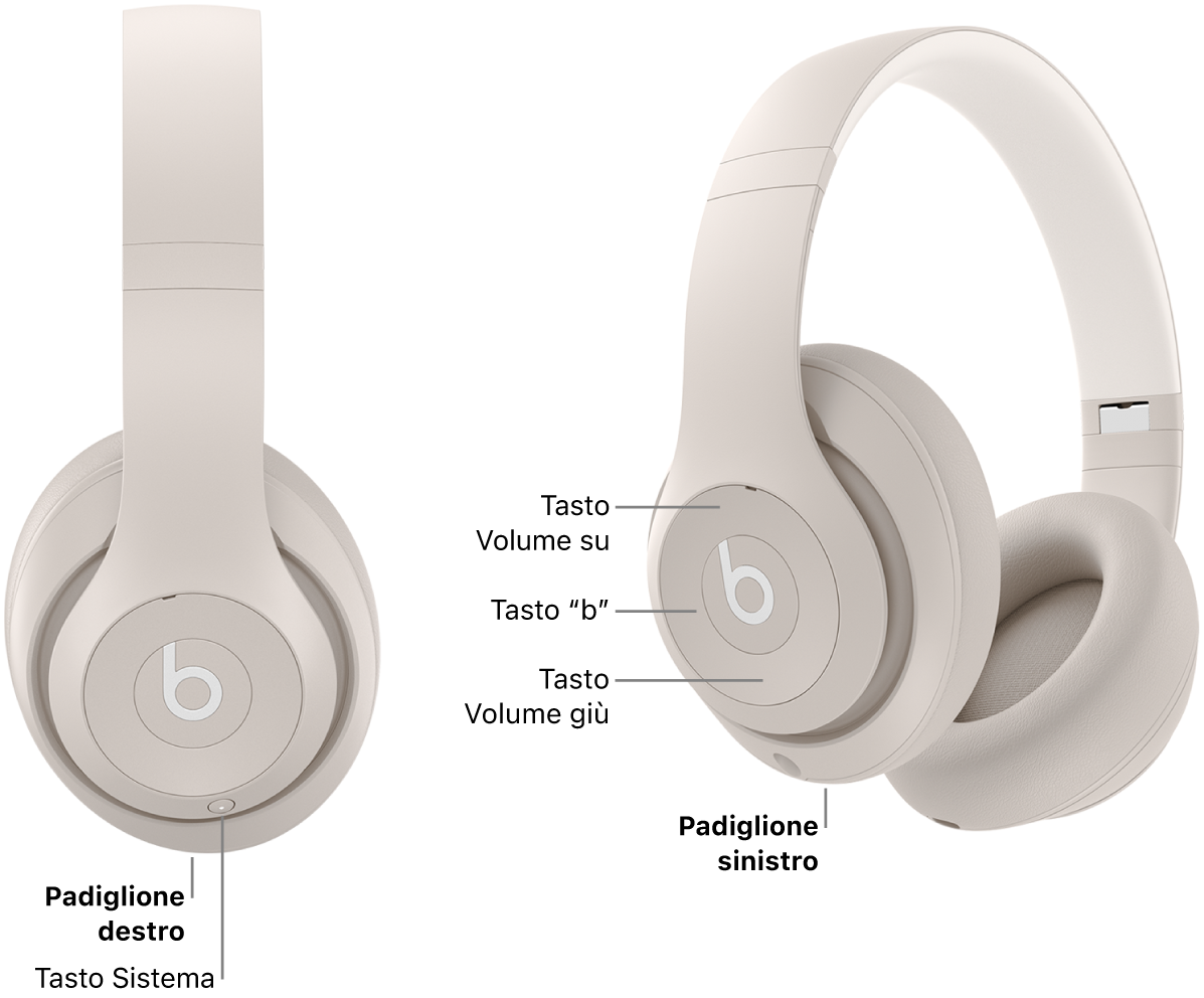 Immagine delle Beats Studio Pro che mostra la posizione del tasto Sistema sul padiglione destro e la posizione del tasto “b”, del tasto per alzare il volume e del tasto per abbassare il volume sul padiglione sinistro.